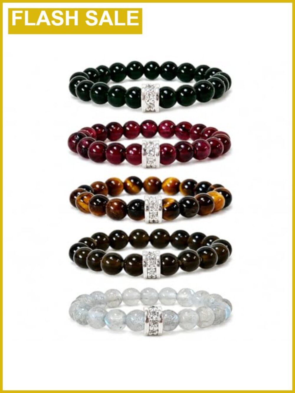 Natural Stone Beaded Stretch Ring Set 5Pc Stackable Silver-Tone Accent